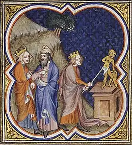 Illustration in the Bible Historiale of King Asa of Judah destroying the idols, at Azariah's instigation.