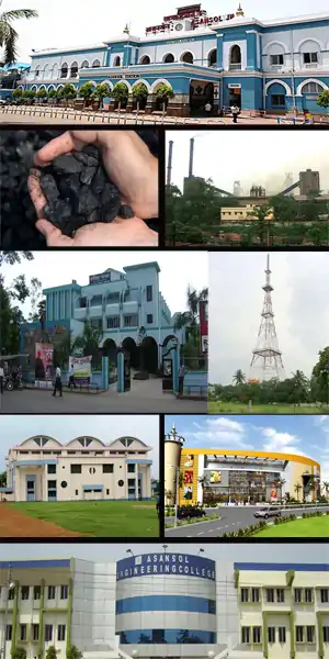 Asansol cityscape  Clockwise from top: Asansol Railway Station, IISCO Steel Plant, TV Tower, Galaxy Mall, Asansol Engineering College, Asansol Indoor Stadium, Rabindra Bhavan, Eastern Coalfields Limited