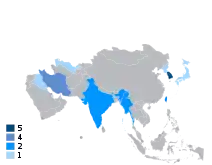 Map shows the number of country which won the tournament by using colour indicator (1951–present).