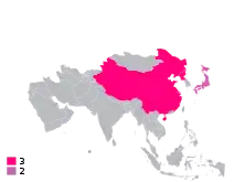 Map shows the number of country which won the tournament by using colour indicator (1990–present).