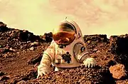 Staged photosimulation art of martian space suit on EVA (NASA, 2010s)