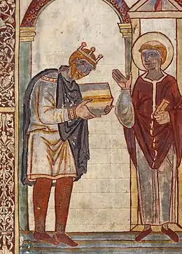 Image 60Frontispiece of Bede's Life of St Cuthbert, showing King Æthelstan presenting a copy of the book to the saint himself. c. 930 (from History of England)