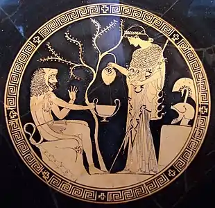 Interior (tondo) of a red figure kylix, depicting Heracles and Athena, by Phoinix (potter) and Douris (painter), c. 480-470 BC, Antikensammlungen Munich