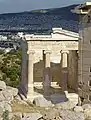 Ancient Greek portico with Ionic columns of the Temple of Athena Nike (Athens, Greece)