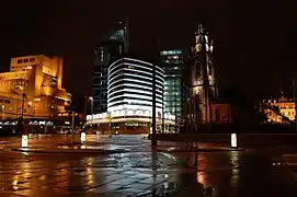 from left: Royal & SunAlliance Building (1976), Mersey Tunnel entrance (1934) (Grade II), Unity Residential (2007), Atlantic Tower Hotel (1974), Unity Commercial (2007), Our Lady and St.Nicholas' Church (1814) (Grade II), Mersey Chambers (1878) (Grade II)