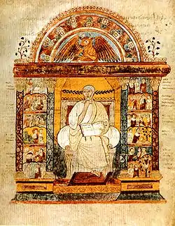 Luke in the St. Augustine Gospels, 6th century. Italian. Following more formal classical models, like the imperial consular portraits in the Chronography of 354.