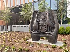 The sculpture "Australian Seal" by Tom Bass, featuring a kangaroo, an emu, and the Australian shield, outside the newly renovated Australian Embassy in Washington, D.C.