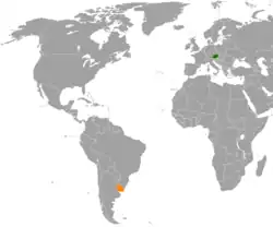 Map indicating locations of Austria and Uruguay