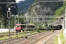 A car transport train arriving from Brig to Iselle di Trasquera