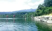 Paddleboarders are on a green-blue lake with some small ducks closer to the rocky bank. There are lots of trees, with mountains and blue sky behind.