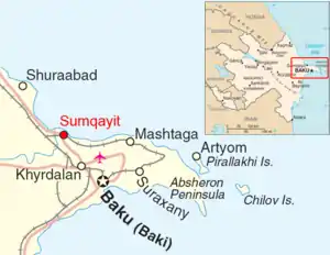 Map of the Absheron peninsula and surrounding islands, with Chilov to the right