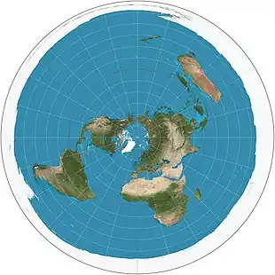 Image 11Azimuthal equidistant projectionMap: Strebe, using GeocartThe azimuthal equidistant projection is an azimuthal map projection in which all points on the map are both proportionately correct distances from the center point and at the correct azimuth (direction) from the center point. Distances and directions to all places, however, are true only from the center point of projection. This projection has been used for the flag of the United Nations, for the USGS National Atlas of the United States of America, and for large-scale mapping of Micronesia, among others.More selected pictures