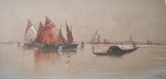 Barche nella laguna veneziana (Boats on the Venetian lagoon), 29 x 59, watercolour, private.