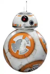 A robot with a spherical body and a smaller hemisphere for a head. It is white with orange and silver decoration.