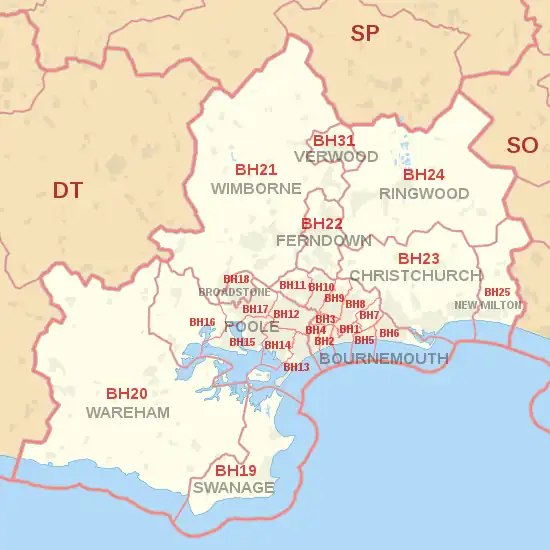 BH postcode area map, showing postcode districts, post towns and neighbouring postcode areas.