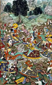 Babur's army using cannons (bottom) at the Battle of Khanwa, 1527.