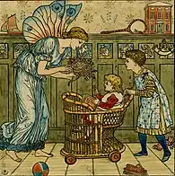 a tall female fairy in a draped gown passing a posey of flowers to a small child in a wicker push chair pushed by an older child wearing a green dress and a patterned pinafore against a nursery background with cupboards and toys