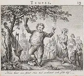 Drunken celebrations by the "Order of Bacchus". Illustration for Carl Michael Bellman's Bacchi Tempel, 1783, engraved by Johan Fredrik Martin