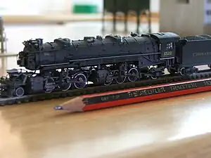 US model of an N scale (1:160) 2-6-6-2 shown with a pencil for size