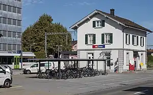 Two-story building with gabled roof