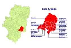 Location of Bajo Aragón in Aragón and location of the municipalities in Bajo Aragón.