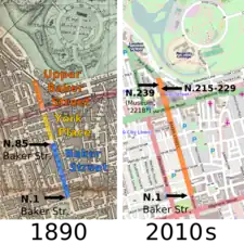 Maps of Baker Street in London in 1890 and today