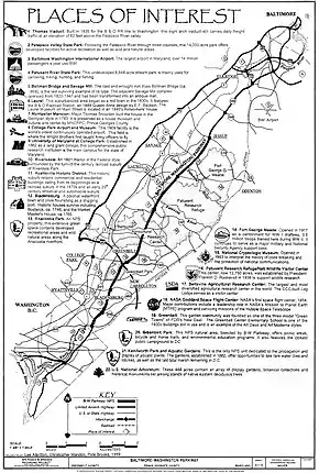 A map of a road running from Washington northeast to Baltimore with adjacent roads, communities, and landmarks listed. A brief description exists for each landmark.