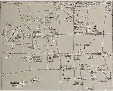 Bangalore, South India, 1898, Rough Map by Rev. T E Slater of LMS showing the location of the London Mission Canarese Chapel