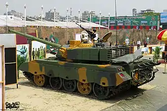 Slat armor protecting the rear of the turret of a Type 59G Durjoy tank