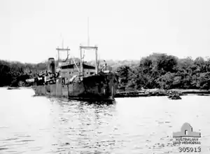 Oro Bay, New Guinea. 1943. The Dutch transport Bantam alongside the jetty during Operation Lilliput.