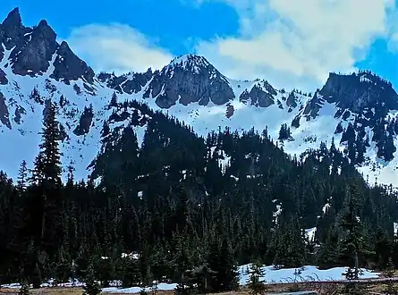 Barrier Peak (centered) seen from Owyhigh Lakes with Governors Needle (left)