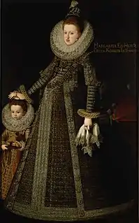 Margaret of Austria, Queen of Spain, probably pregnant with the future Philip IV, born in 1605. A variant of her standard official portrait.