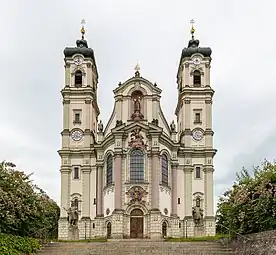 Rococo Doric columns and pilasters on the facade of the abbey church of Ottobeuren, Germany, by Johann Michael Fischer, 1748-1754