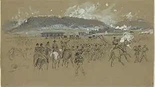 Wash drawing shows Union soldiers in the foreground and a high hill covered by puffs of gunsmoke in the distance.