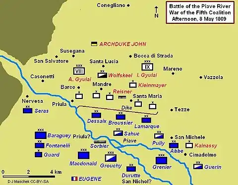 Battle of Piave River, 8 May 1809, showing afternoon positions