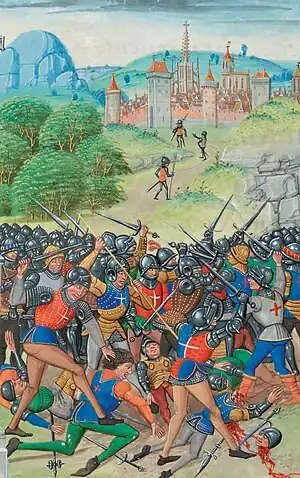 A colourful and stylised picture of a late-medieval battle