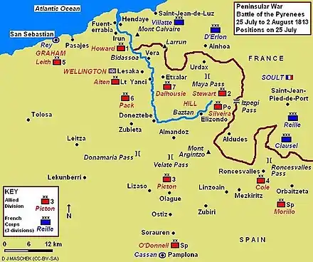 Map shows the positions of Anglo-Allied and French units in the Battle of the Pyrenees on 25 July 1813.