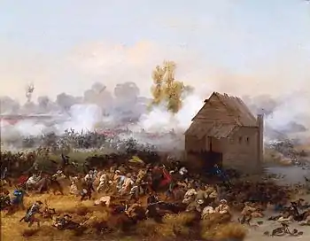 A wooden mill house is surrounded by battle. The smoke and haze of battle obscures much of the background, but formations of red-coated soldiers are visible through it.  Small figures, some clearly uniformed, others not obviously so, fight in the foreground.