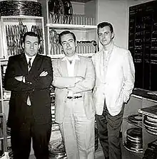 Following a 1962 screening of Don Glut's films at CBS (Hollywood), Glut took this photo of film editor Bob Burns, Jim Harmon, and musician Ron Haydock.