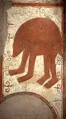 A medieval painting of a brown bear on white background.