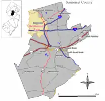 Location of Bedminster in Somerset County highlighted in yellow (right). Inset map: Location of Somerset County in New Jersey highlighted in black (left).