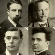 face shots of four middle aged men, one bearded, one moustached, two clean shaven