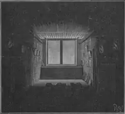 Woodcut? of a deep, shadowy room with light only near the window at the far end