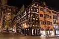 A nighttime view from the Rue du Vieux-Marchè-aux-Poissons