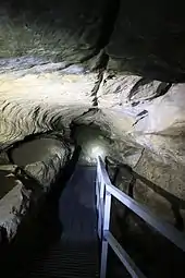 A lighted walkway with a two-tiered handrail passes through a cave passage shaped like a tunnel.