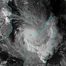 Visible satellite image of Belna with a faint eye and extended rainbands