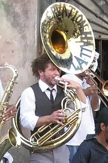 Jaffe playing sousaphone with the Preservation Hall Jazz Band, 2007