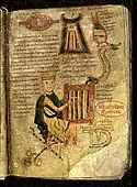 Carolingian Empire. Page from the Benedictine Psalter (842-850). David playing a four-sided psaltery, psalterium quadratum or psalterium decochordum.