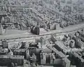 Aerial view of Bernauer Straße showing the Wall and the "Death strip" behind the Wall inside East Berlin. Just inside East Berlin is the Versöhnungskirche or Church of Reconciliation which was later demolished.