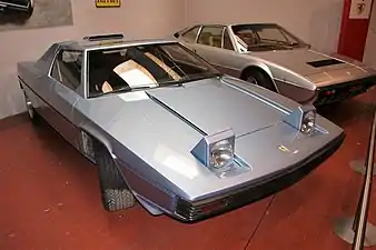 1976 Ferrari Rainbow concept at left, and 1973 Ferrari GT4 at right